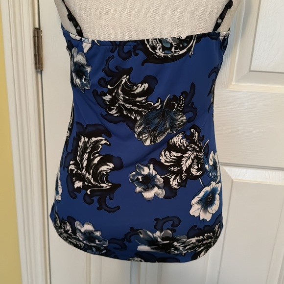 Caché Vintage Cobalt, Navy, Black & White Floral Top w/ Jeweled Straps - Picture 8 of 12